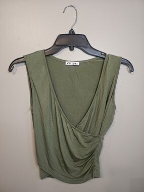 Olive Green Sleeveless Draped V-Neck Tank
